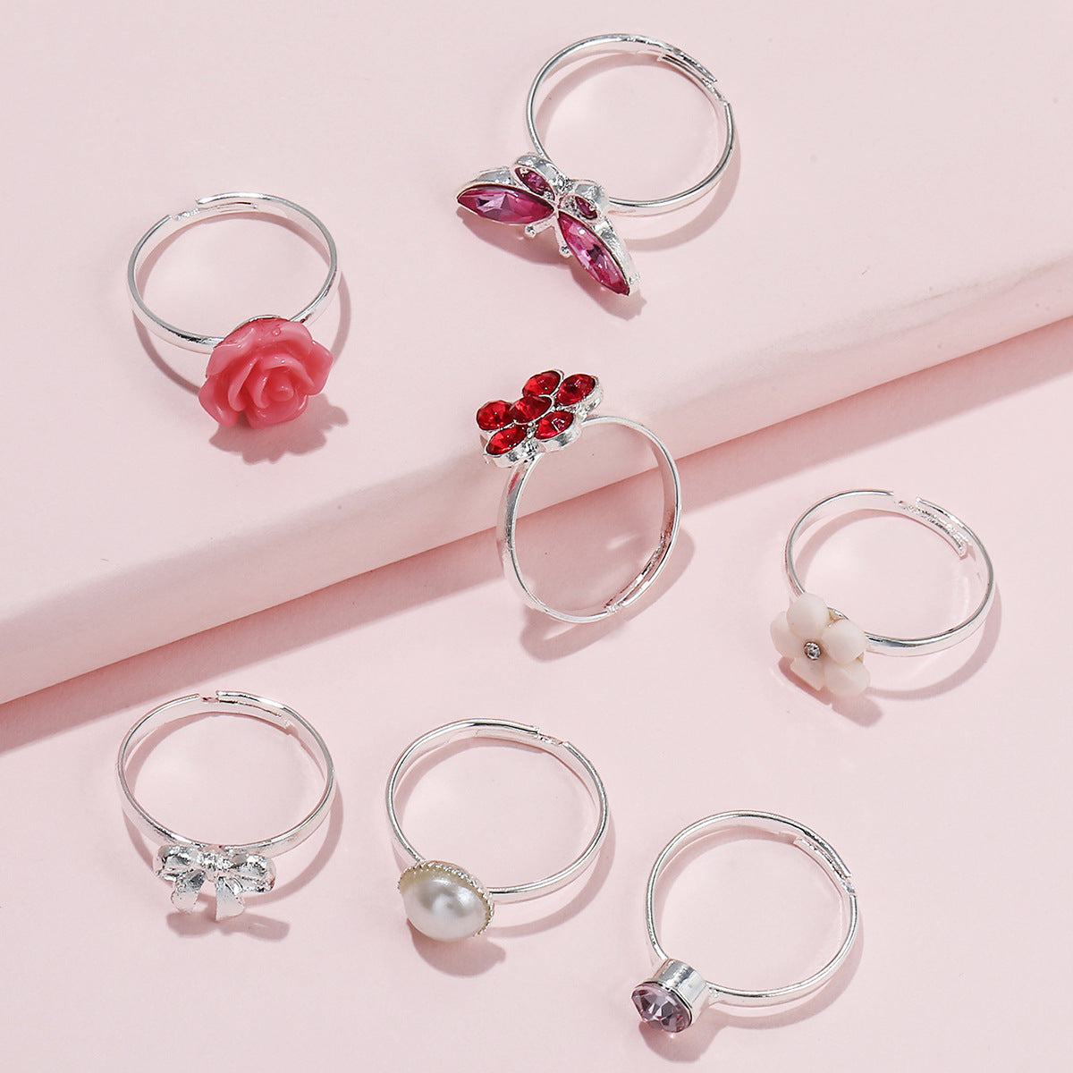 Sweet Cartoon Colorful Rhinestone and Pearl Butterfly Flower Moon Geometric Adjustable Alloy Ring for Women