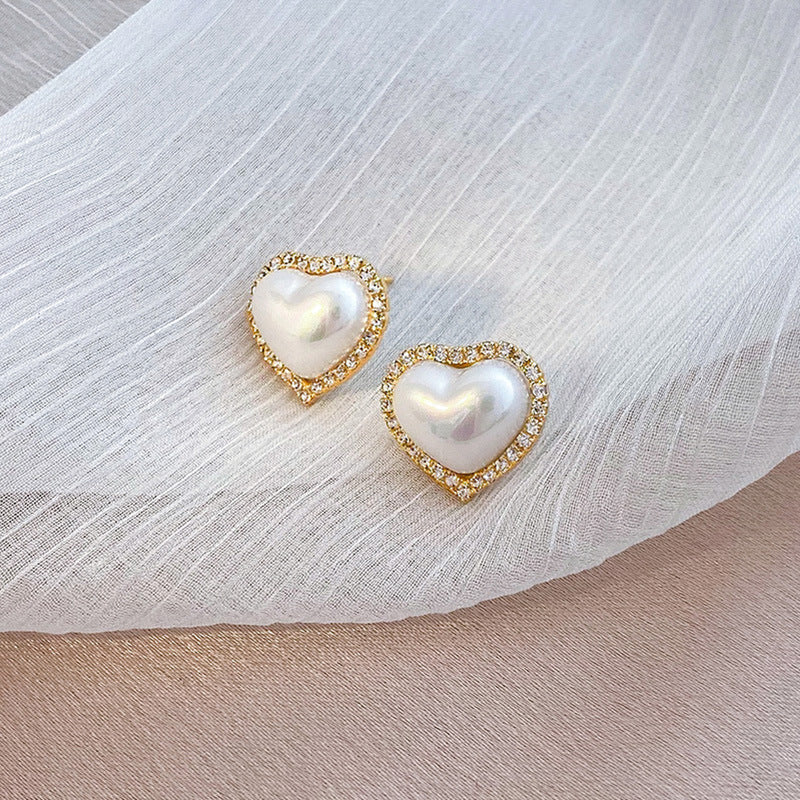 Orecchini a perno minimalisti con cuore, zirconia cubica e perla, con perni in argento sterling 925 per donna