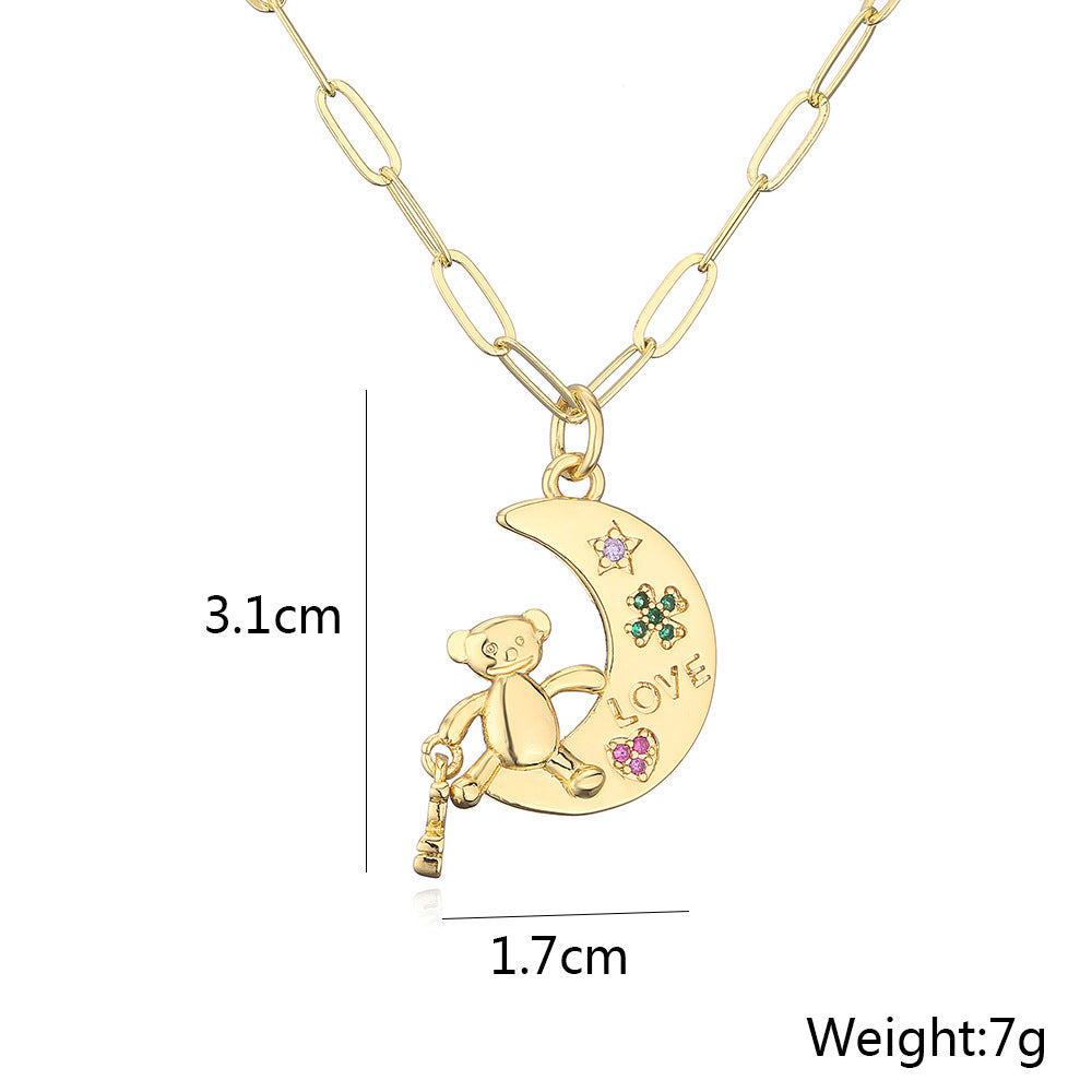 Cute Style Geometric LOVE Bear Pendant Necklace for Women with Copper Base Plated in 18K Gold and Micro-Paved Zirconia