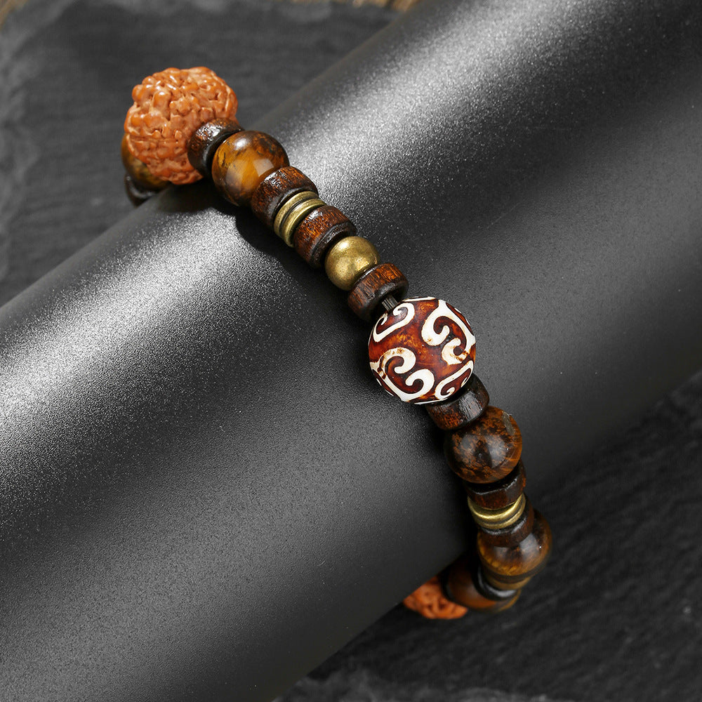 Vintage Handmade Geometric Round Wood and Alloy Beaded Bracelet for Men