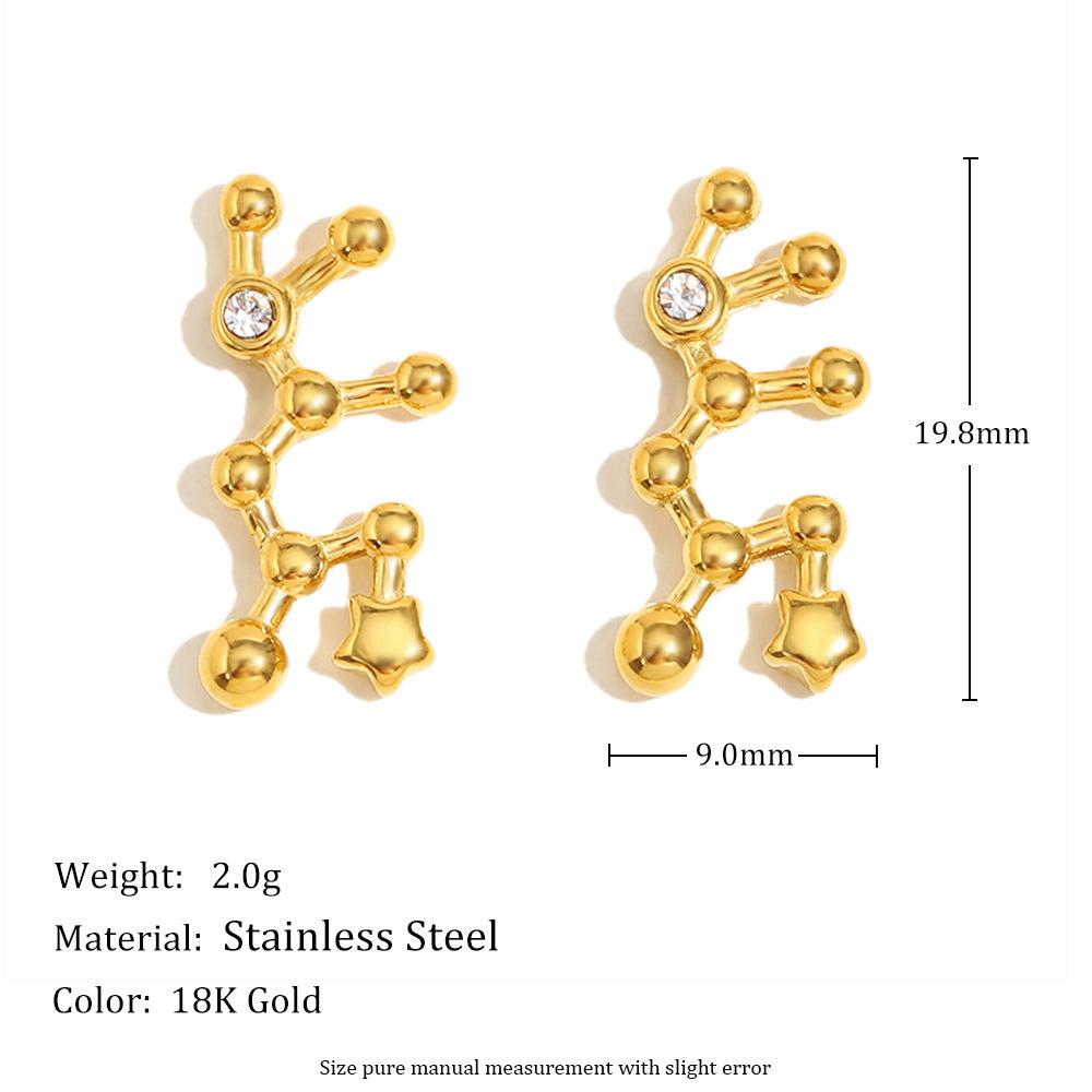 Pendientes de Constelaciones del Zodíaco de Moda en Acero Inoxidable con Baño de Oro de 18K y Detalles de Pedrería