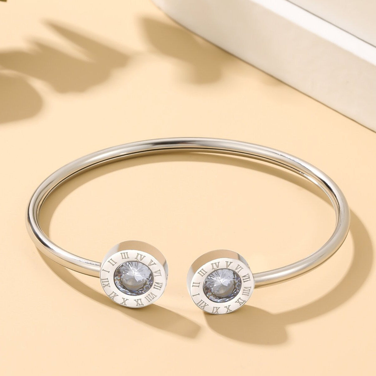 Minimalist Stainless Steel Roman Numeral Open Bangle Bracelet with Zircon Inlay