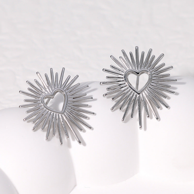 Pendientes minimalistas de titanio y acero para mujer, con formas geométricas de corazón y flores, de acero inoxidable galvanizado en tono frío, joyas de moda para la oreja