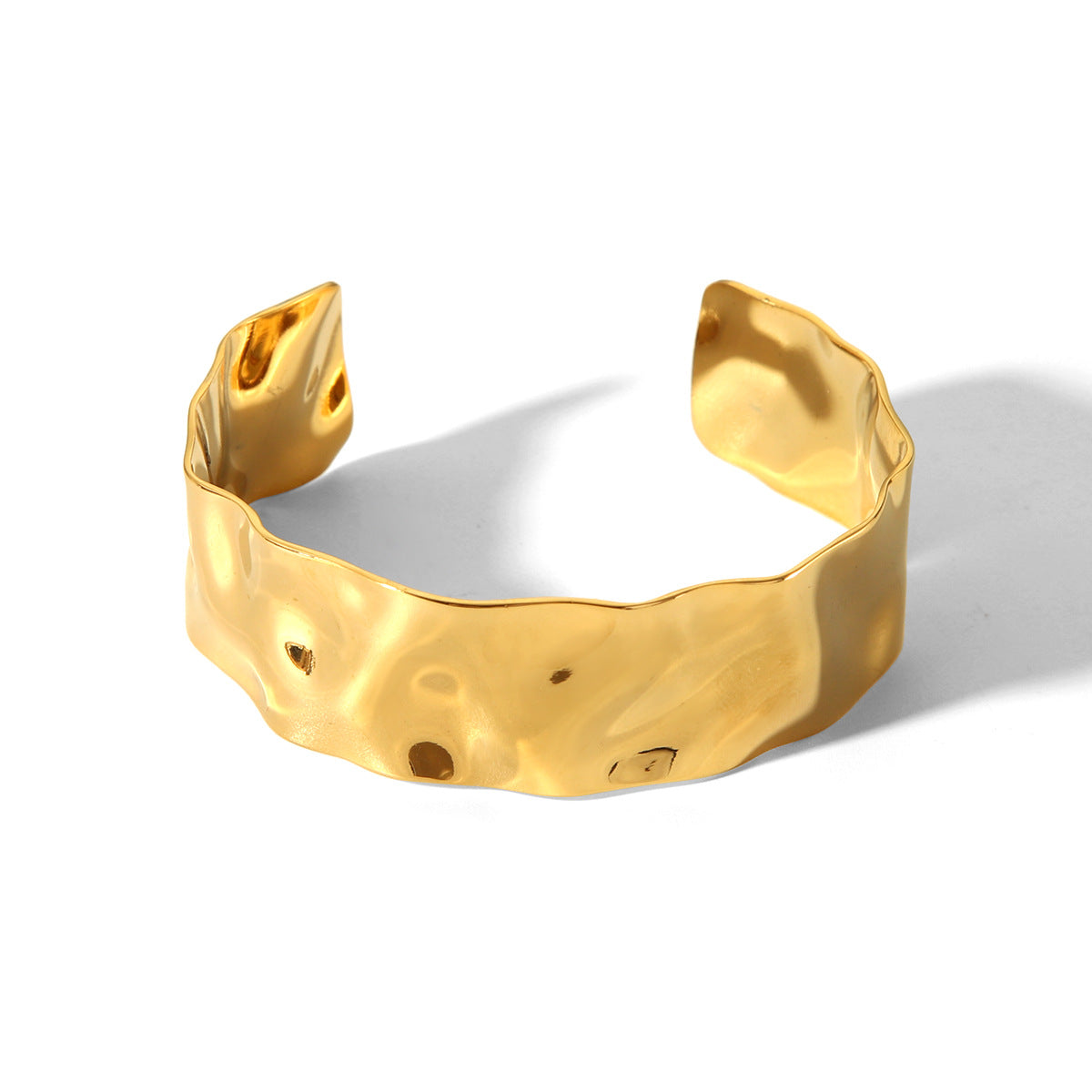 Ins Style Exaggerated 18K Gold Plated Hammered Stainless Steel Open Cuff Bracelet Geometric Round Design