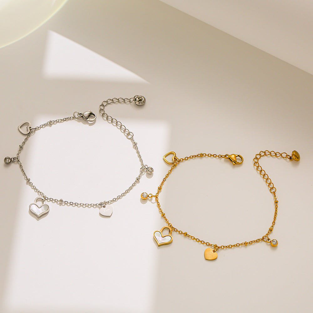 Sweet Feminine Titanium Steel Rhinestone-Inlaid Heart-Shaped Hollow Shell Bracelet for Women