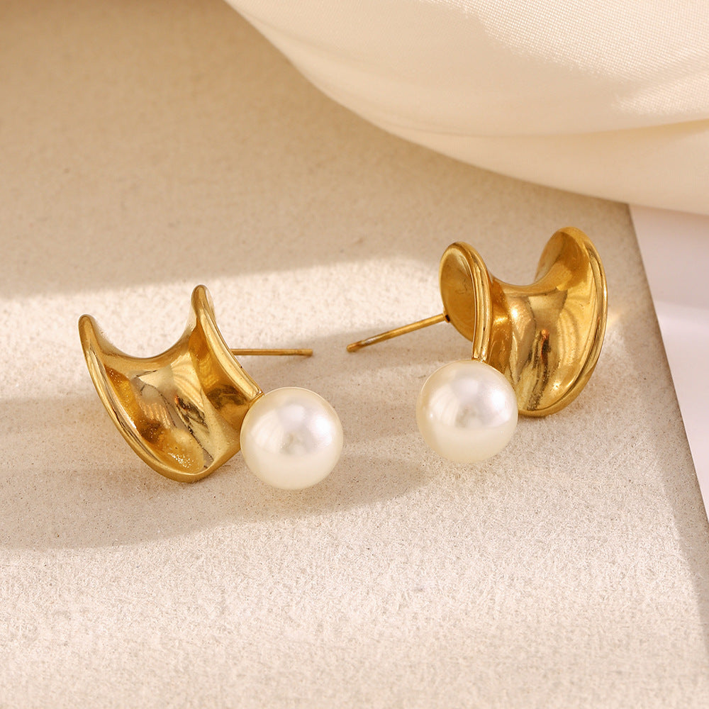 Elegant Geometric Stainless Steel Earrings with 18K Gold Plating and Twisted Pearl Accent for Women