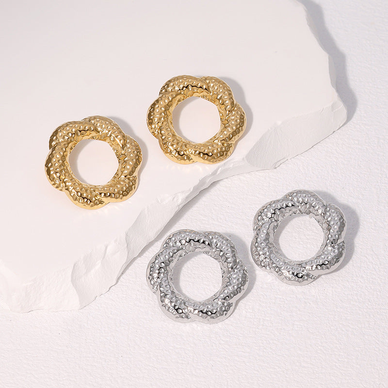 Fashion Geometric Hammered Floral Hoop 18K Gold Plated Stainless Steel Earrings for Women