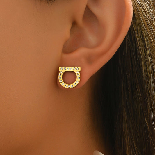 Minimalist Women's Letter-Shape Stud Earrings in Copper with Zircon Inlay, Fresh and Sweet Style