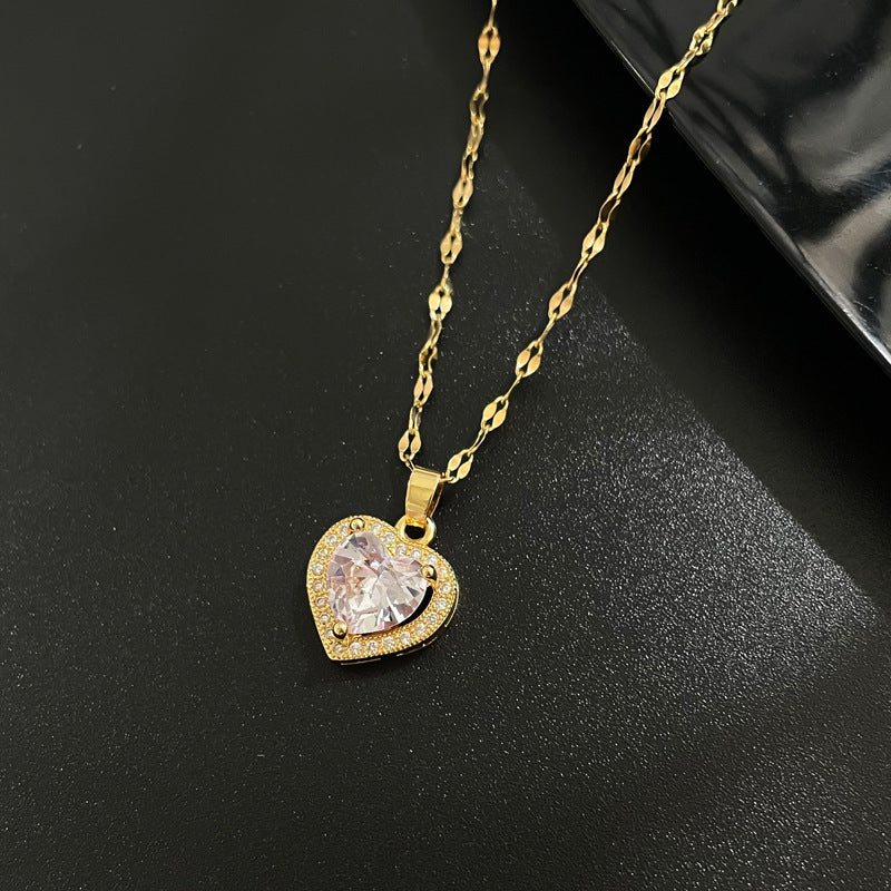 Minimalist Titanium Steel Heart Pendant Necklace with Rhinestone Inlay for Women and Men, Adjustable Clavicle Chain Birthday Gift