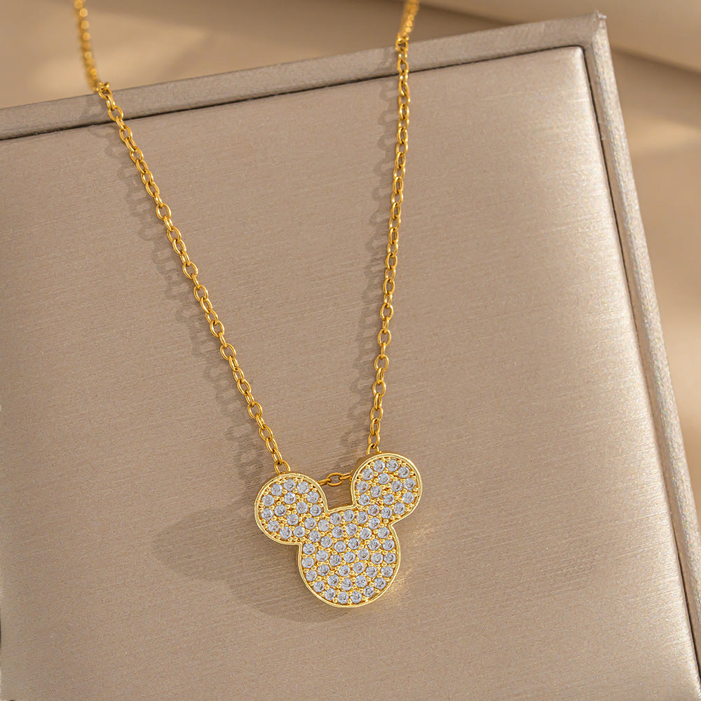 Elegant Minimalist Titanium Steel Heart-Shaped Necklace and Earrings Set with Rhinestone Inlay and Gold Plating for Women