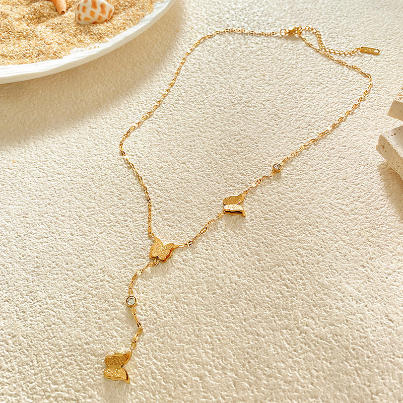 Minimalist Matte Titanium Steel Butterfly Tassel Necklace