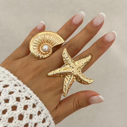 Sweet Star Alloy Ring with Imitation Pearl Plated Adjustable Band for Women