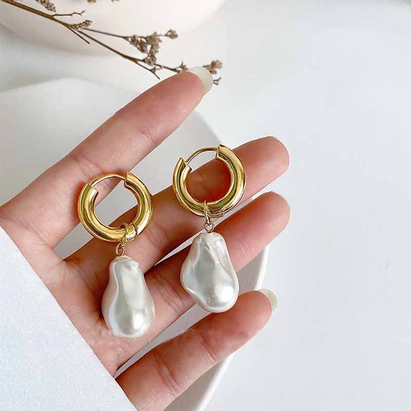 Orecchini a perla barocca da donna in acciaio inossidabile con design geometrico, finitura galvanizzata, stile minimalista ed elegante