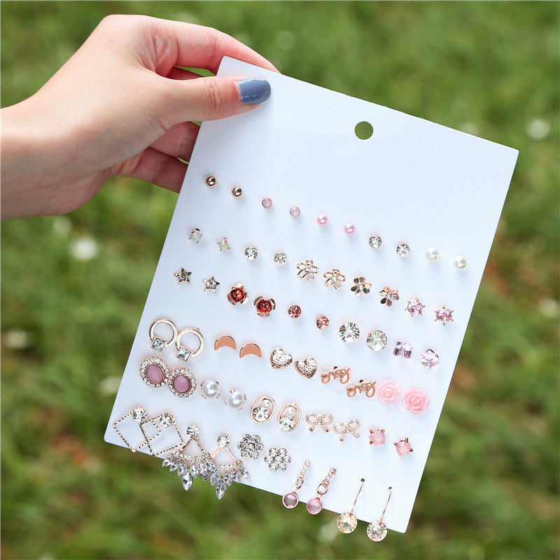 Sweet Geometric Heart Bow Floral Rhinestone Pearl Inlay Stainless Steel Earrings Set