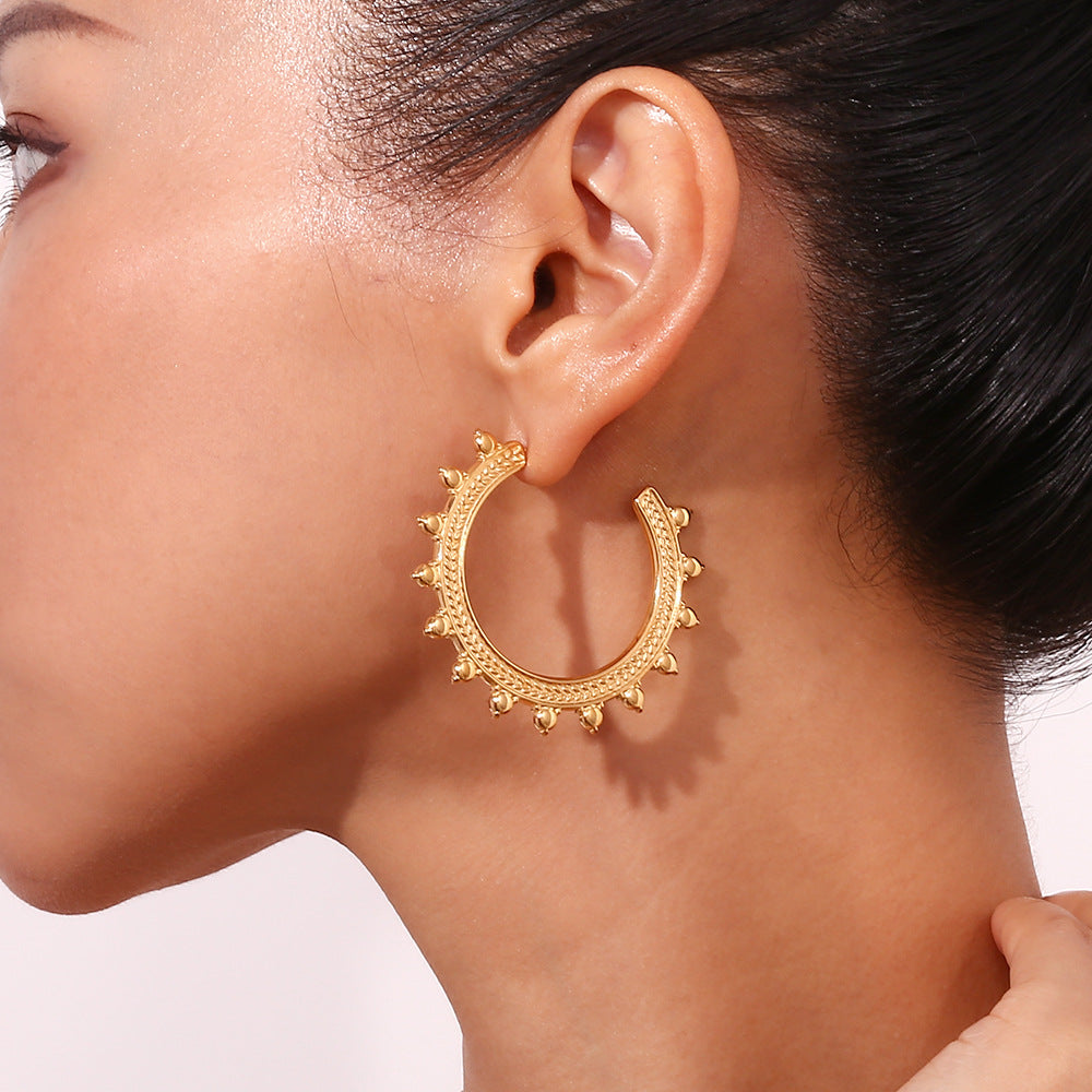 Fashion Minimalist Bohemian Wheat Pattern 18K Gold Plated Stainless Steel Geometric Hoop Earrings for Women