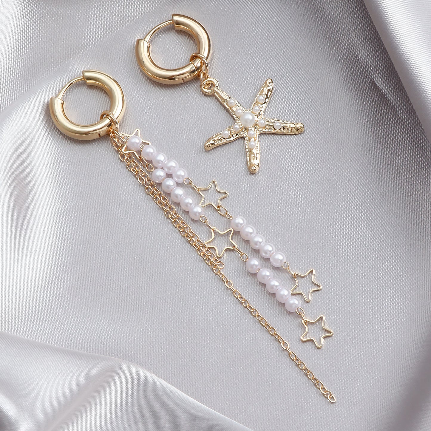 Summer Beach Vacation Style Starfish Tassel Asymmetrical Hoop Earrings for Women with Metal Base and Plated Finish