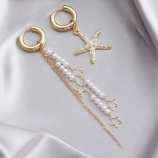Orecchini a cerchio asimmetrici da donna con stella marina e nappa, stile vacanza al mare, base in metallo e finitura placcata