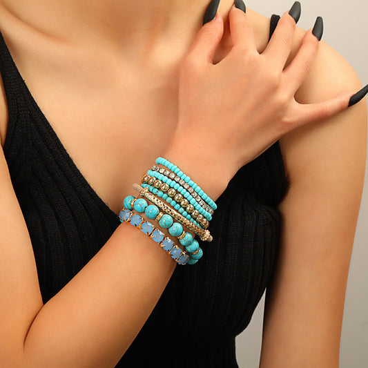 Bohemian Vintage Geometric Round Brass Bracelet Set with Turquoise and Rhinestone Beads