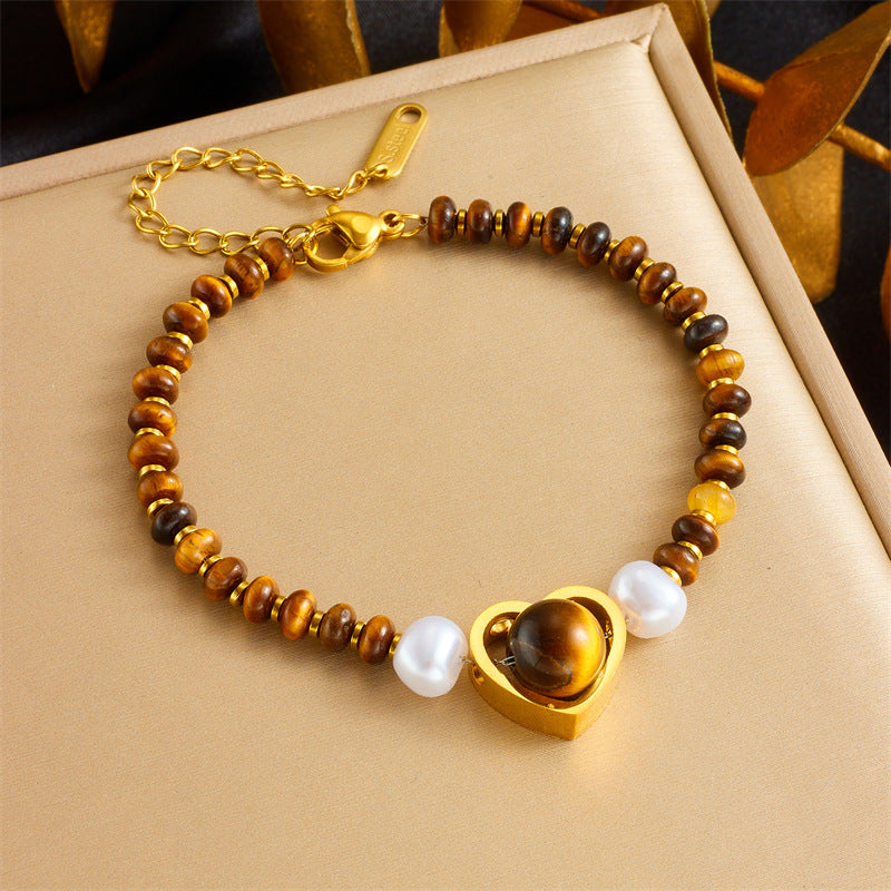 Vintage Oval Heart Gemstone Beaded Chain Bracelet