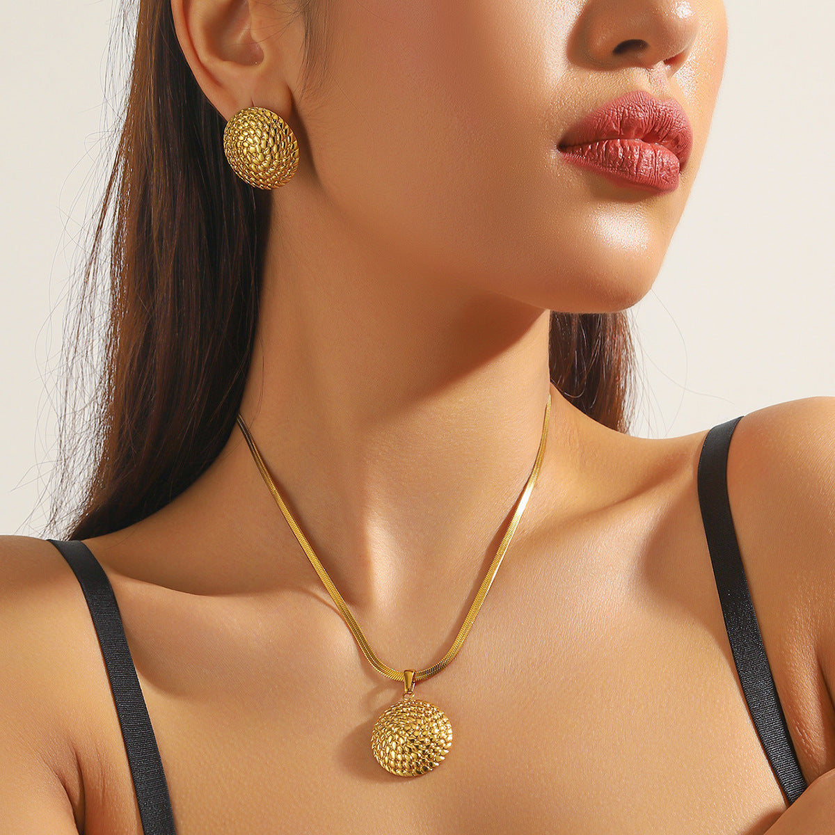 Vintage Gold Plated Heart Teardrop Stainless Steel Necklace and Earring Set with Turquoise and Pearl on Snake Chain for Women