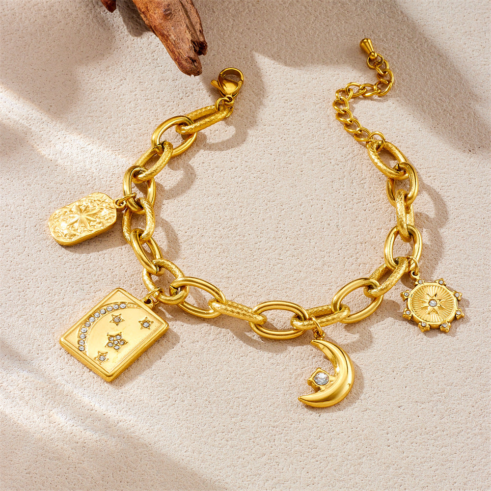 Fashion Geometric Square Pendant Bracelet with Gold Plated Stainless Steel Chain, Star and Moon Motifs, Rhinestone Inlay