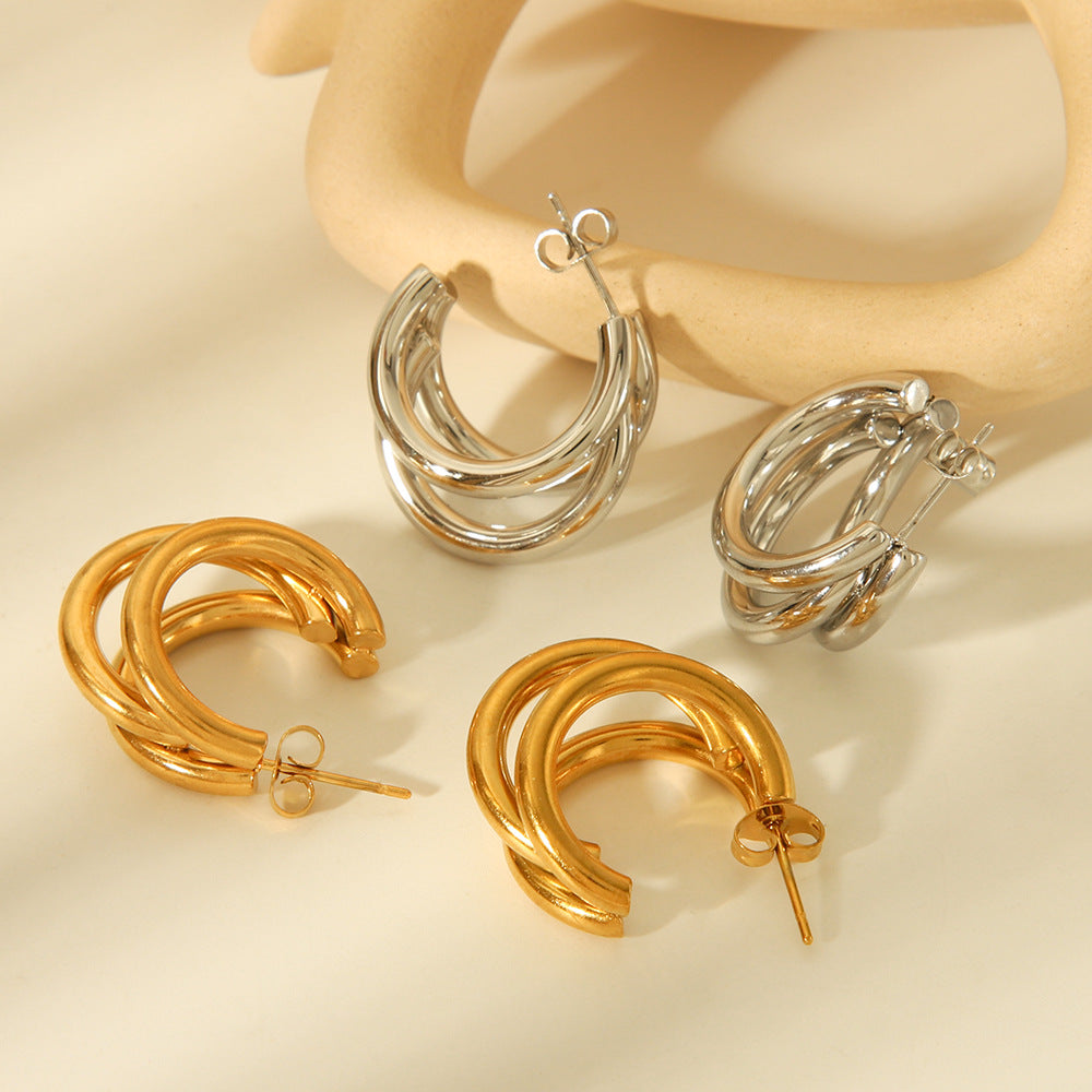 Minimalist Geometric Triple Line Stainless Steel 18K Gold Plated Earrings for Women