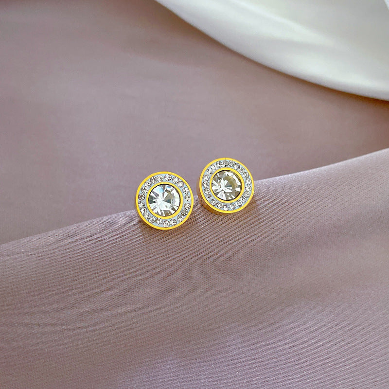Minimalist Titanium Steel Geometric Rhinestone Stud Earrings for Women