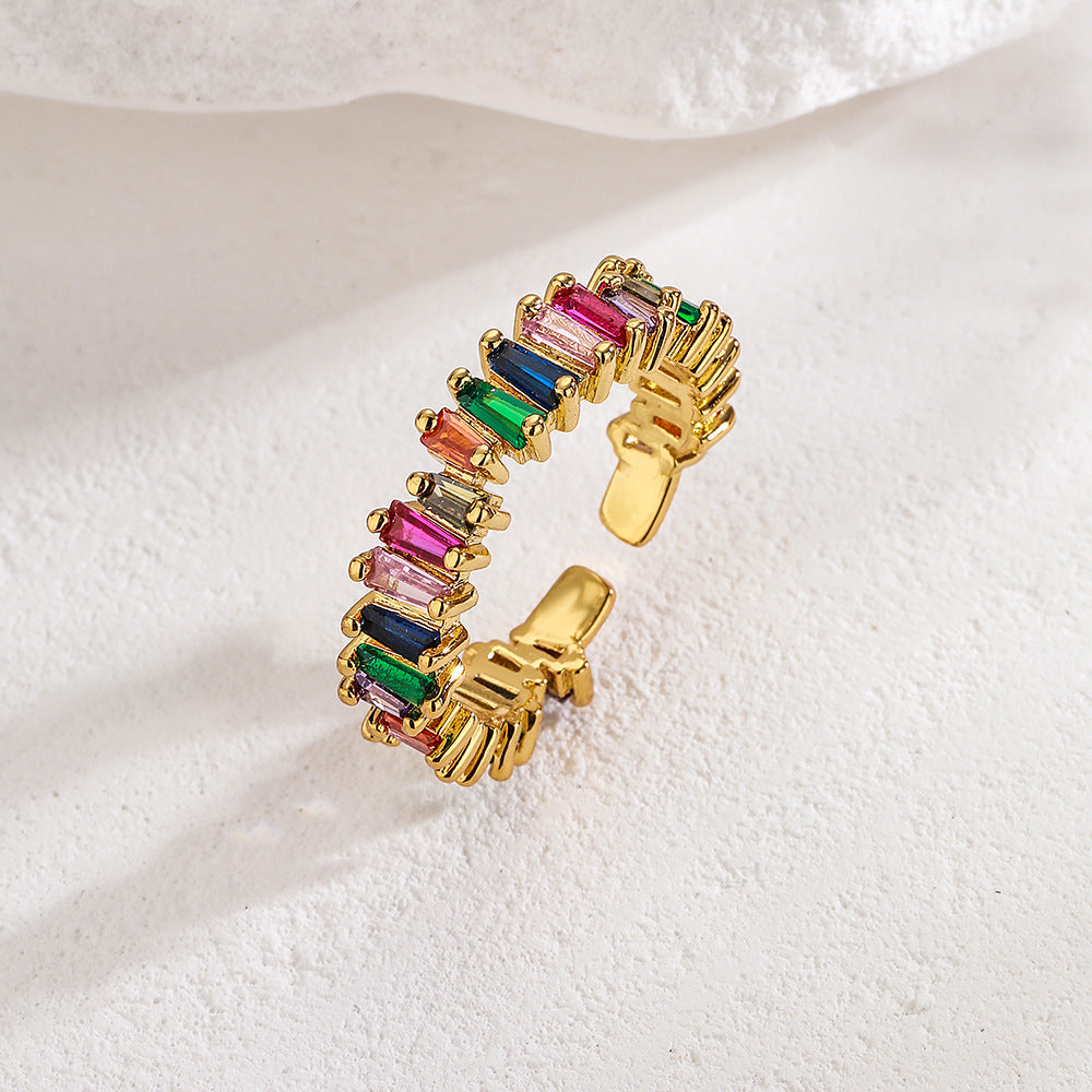 Minimalist Geometric Copper Ring with 18K Gold Plating and Colored Zircon Inlay for Women