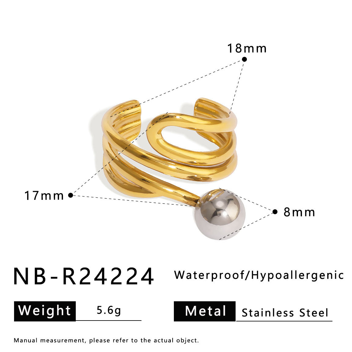 Asymmetrical Geometric Line Stainless Steel Ring for Women with Dual-Tone Plated Finish