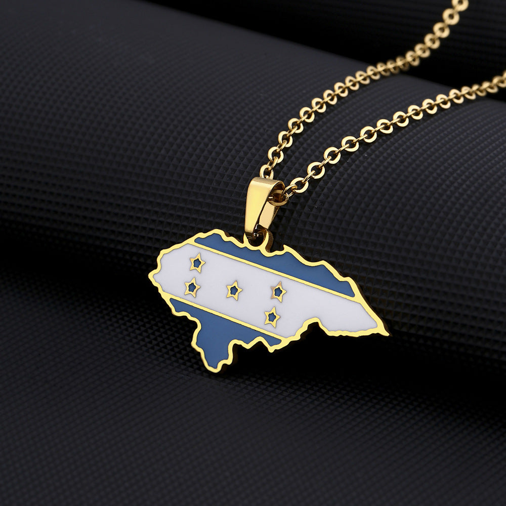 Collana con ciondolo a mappa e bandiera dell'Honduras etnica vintage geometrica in acciaio inossidabile con ciondolo in acciaio al titanio e finitura galvanizzata su catena a O
