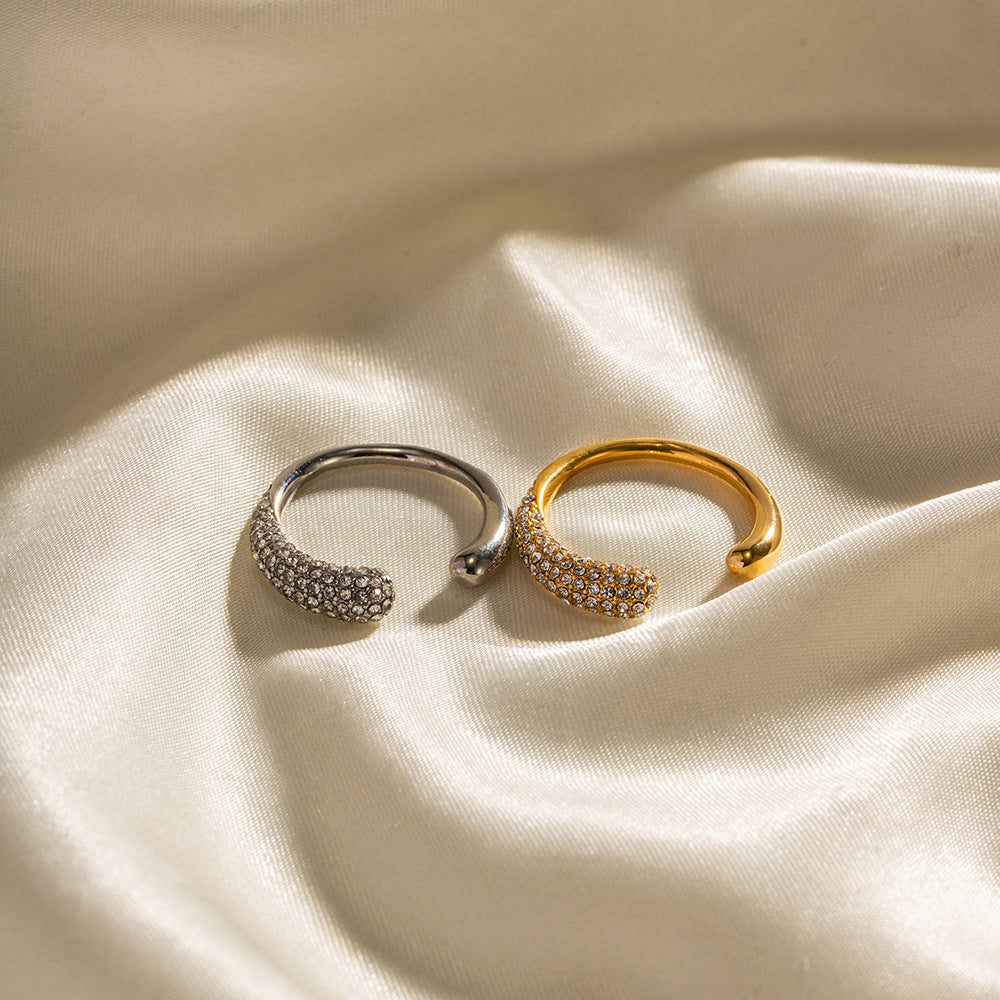 INS Style Geometric Stainless Steel Ring with 18K Gold Plating and White Rhinestone Inlay, Adjustable Open Band for Women