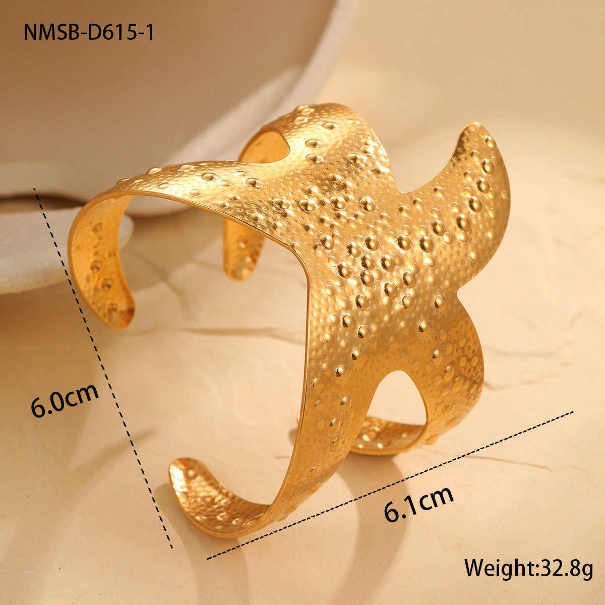 Fashion 18K Gold Plated Stainless Steel Geometric Starfish Shell Wide Cuff Bracelet for Women