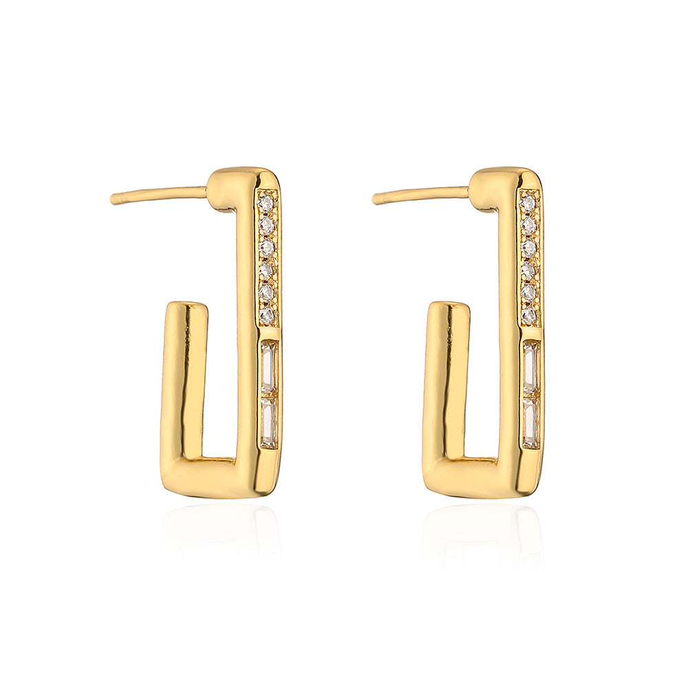 Orecchini geometrici minimalisti da donna in ottone con placcatura in oro 18 carati e intarsio di zirconi