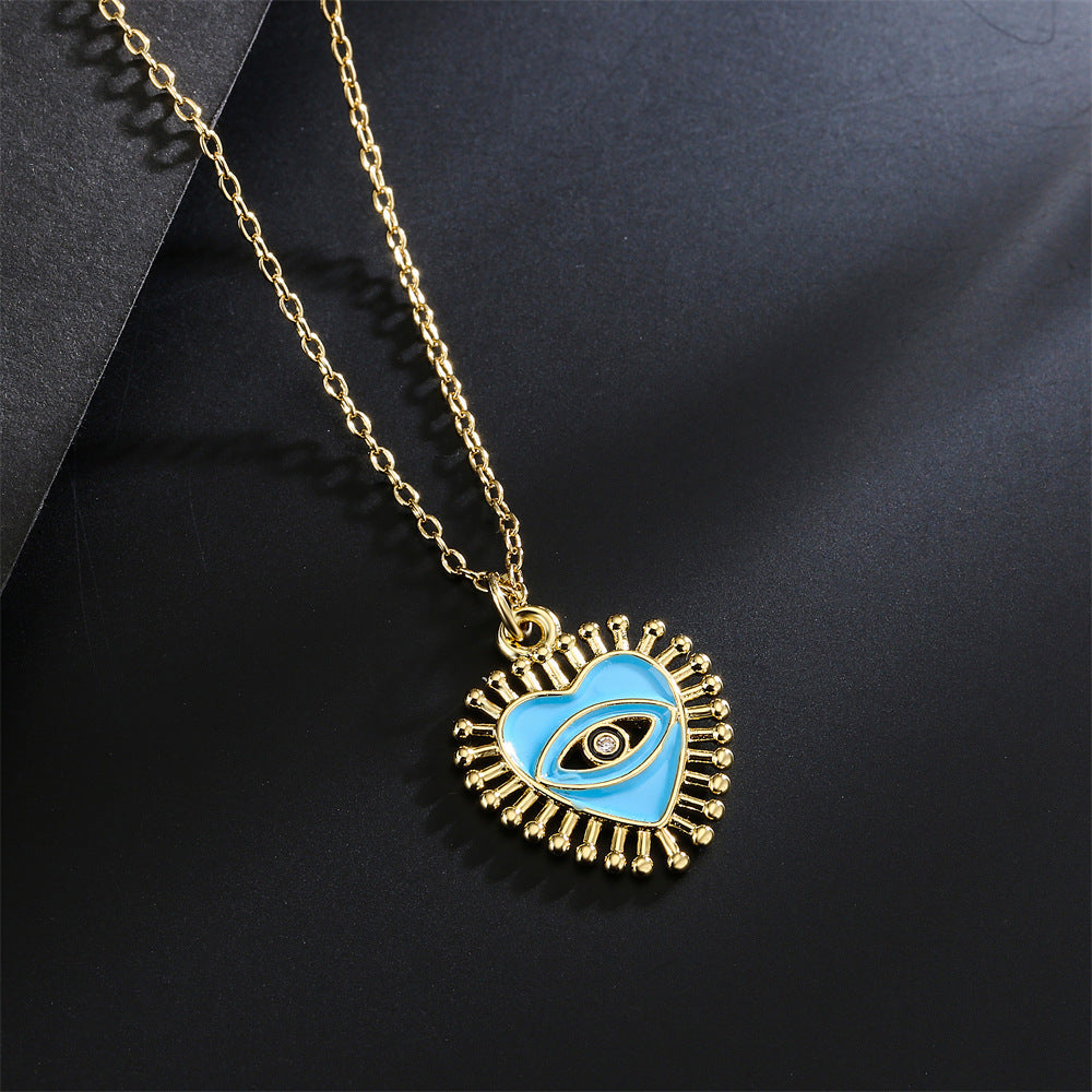 Drip Oil Heart Geometric Cubic Zirconia Inlay Brass Pendant Necklace with Cable Chain