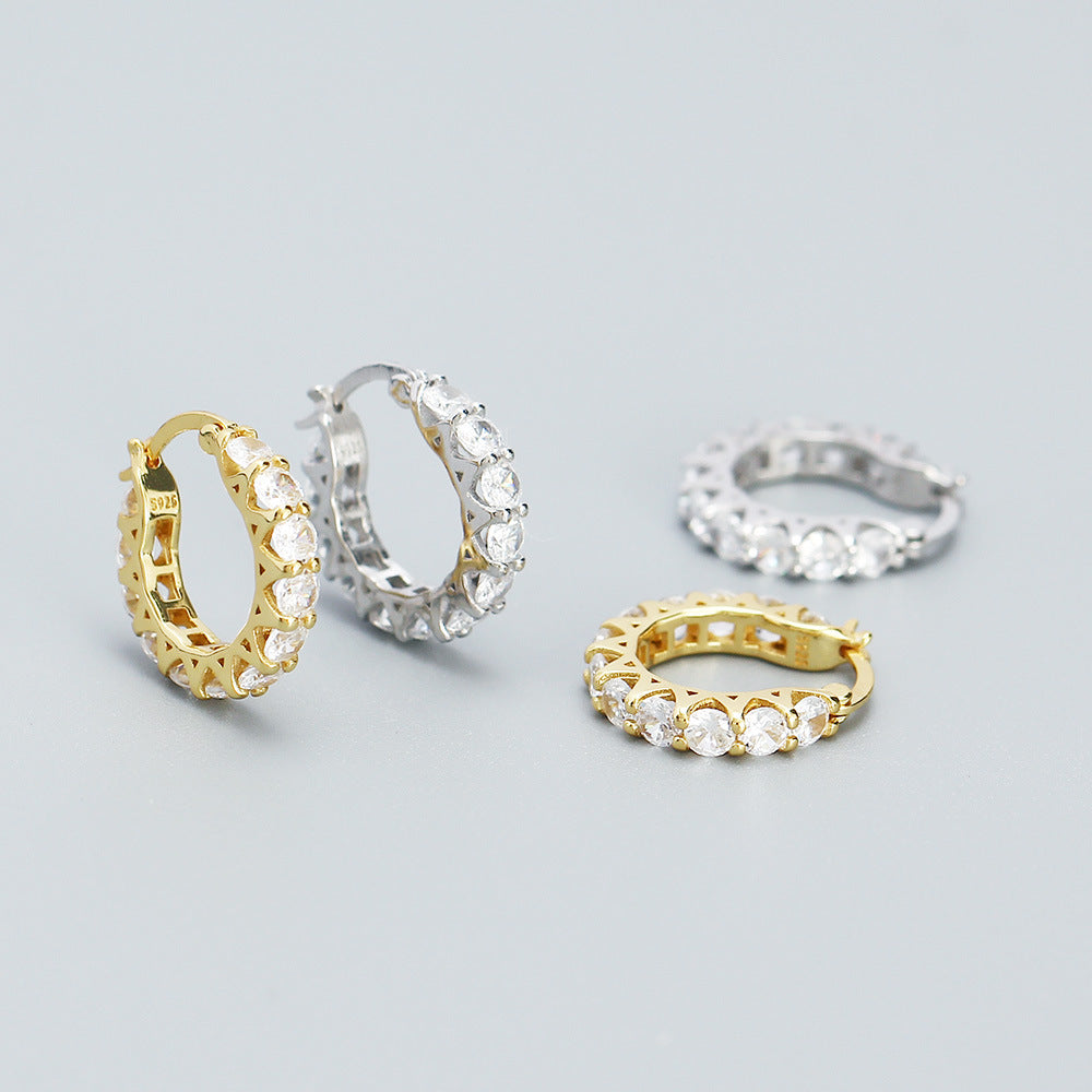 Minimalist Geometric Sterling Silver Hoop Earrings with Zirconia Inlay for Women