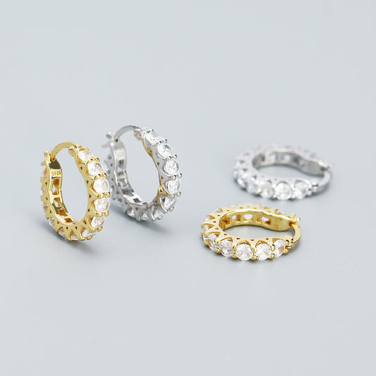 Minimalist Geometric Sterling Silver Hoop Earrings with Zirconia Inlay for Women