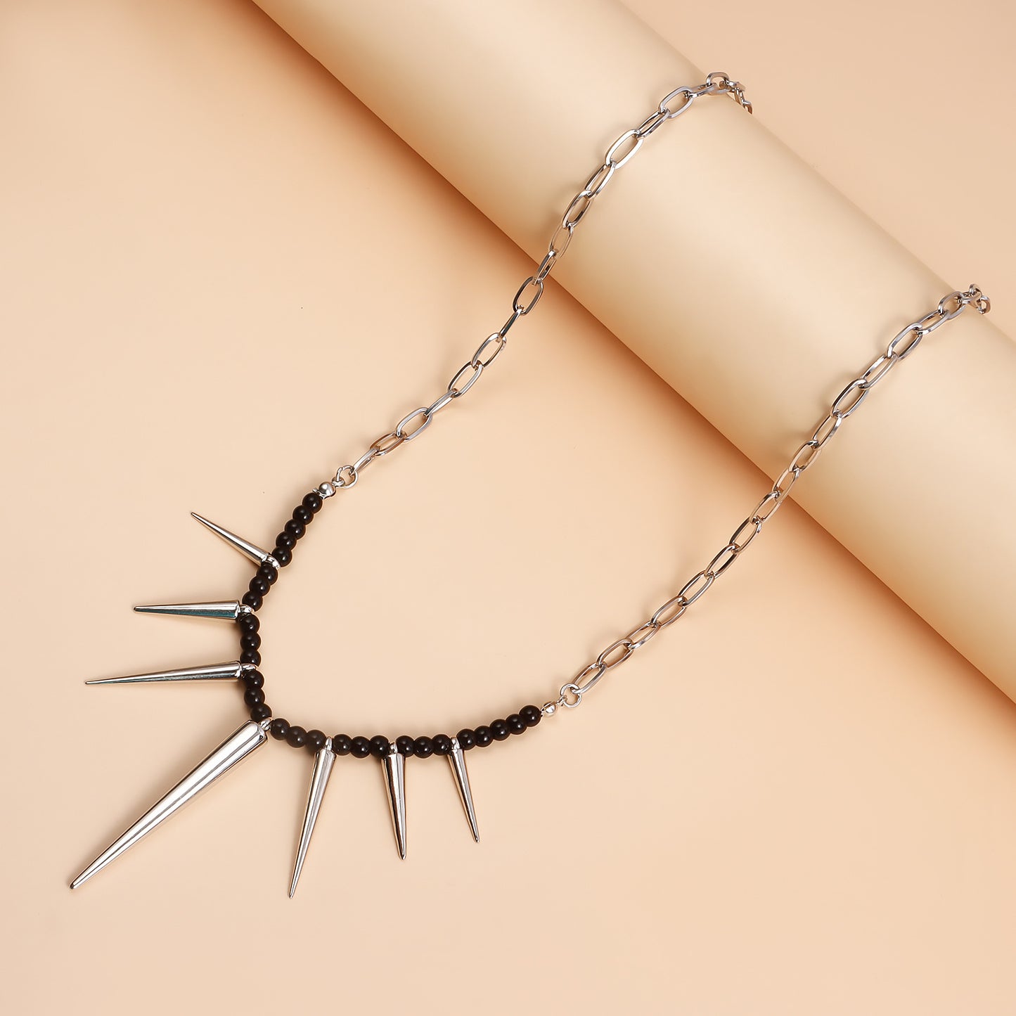 Punk-Style Geometric Pendant Necklace with Black Beaded and Rivet Accents, Electroplated Alloy, Clavicle Chain