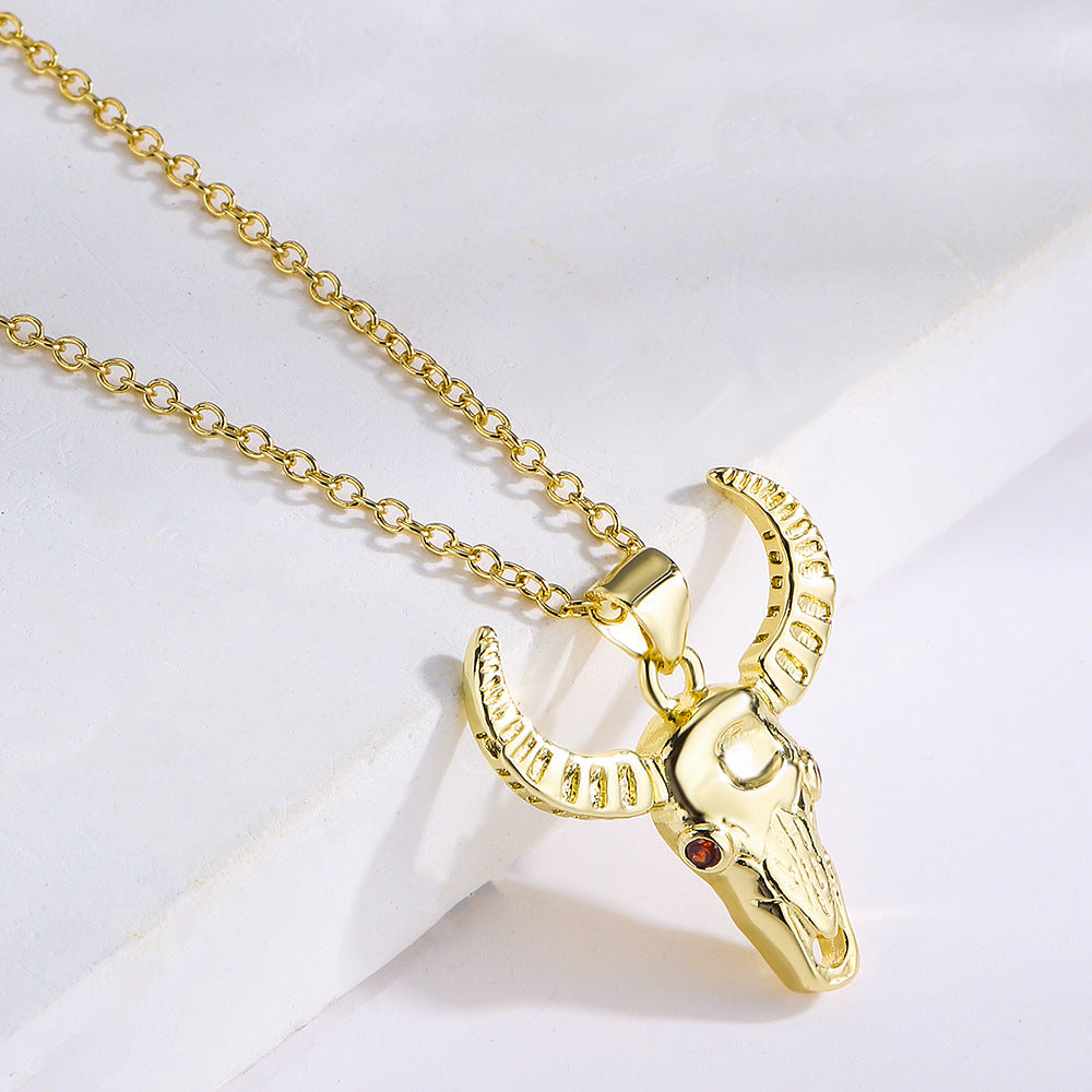 Vintage Geometric Copper Pendant Necklace for Women with 18K Gold Plating and Bull Charm