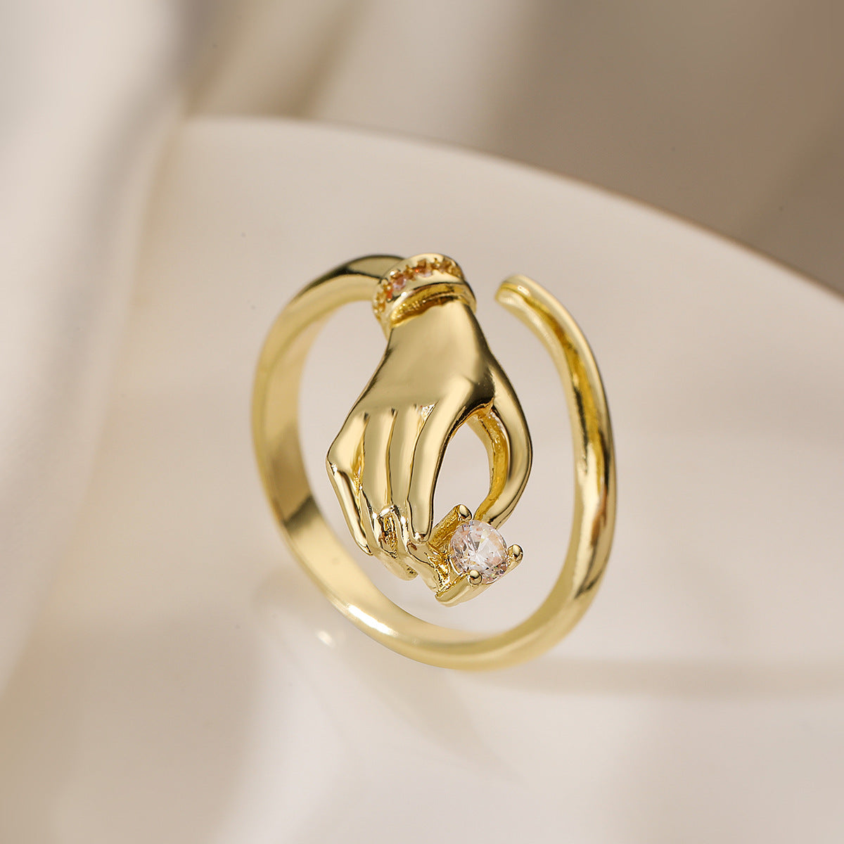 Elegant Geometric Brass Ring with 18K Gold Plating and Cubic Zirconia Inlay for Women