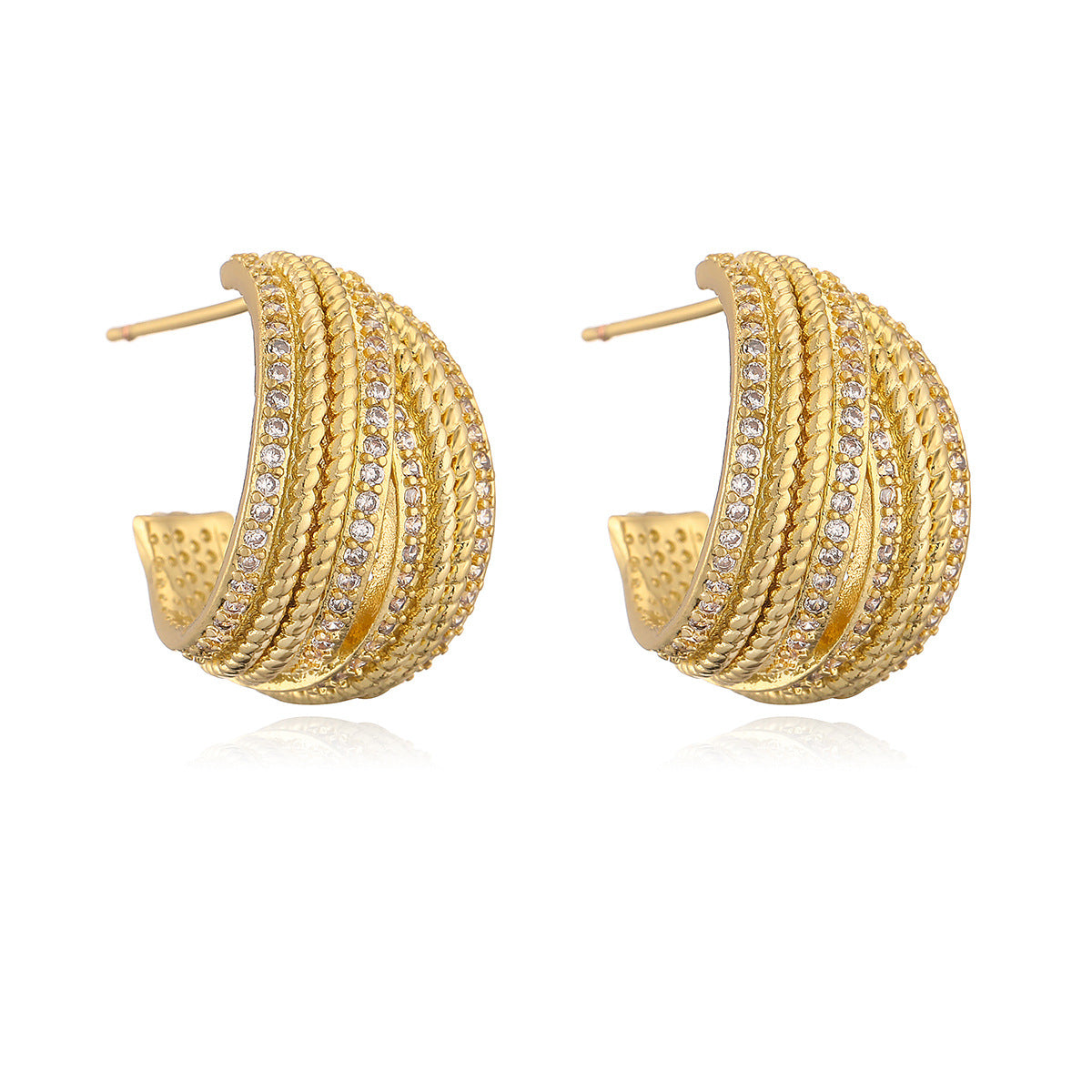 Orecchini Geometrici da Donna in Rame con Placcatura in Oro 18K e Intarsio in Zirconi, Minimalisti e di Tendenza