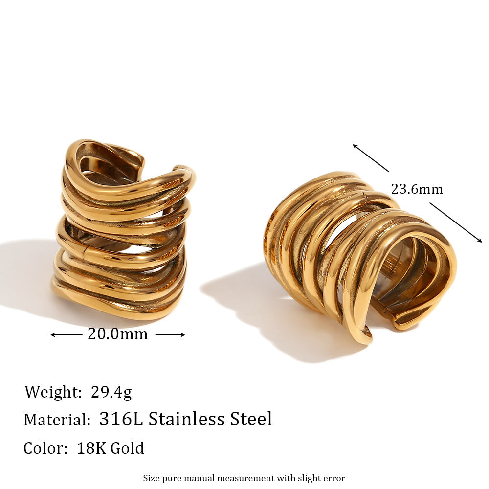 Orecchini a clip in acciaio inossidabile vintage con design geometrico a V, placcati in oro 18 carati e motivo a strati cavi