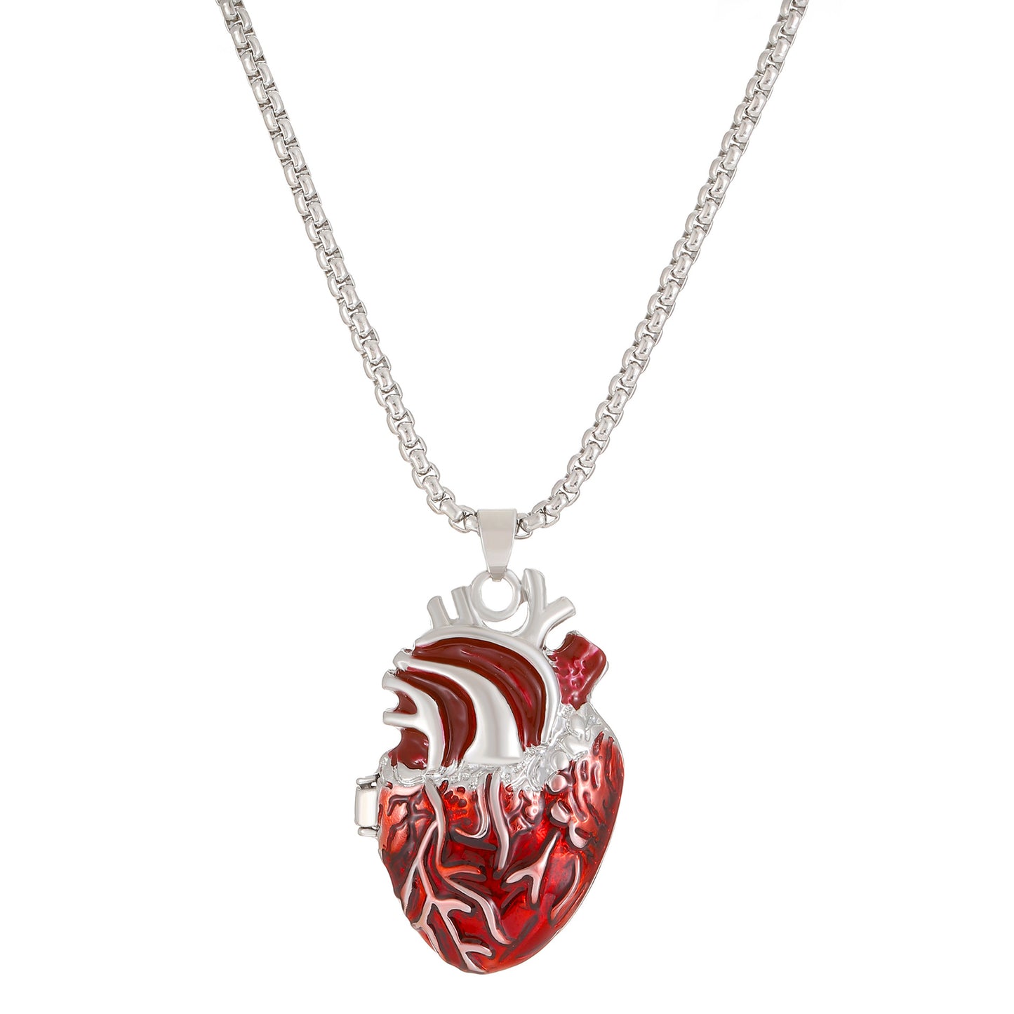 Collar con colgante vintage de aleación con forma de corazón, diseño de caja de corazón rojo que se abre, acabado galvanizado, accesorio de moda unisex