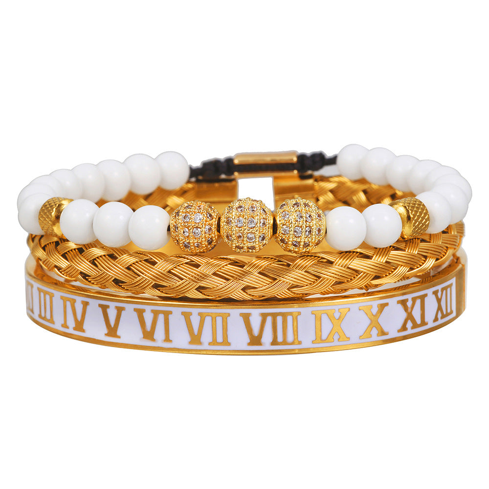 White Drip Oil Plated Stainless Steel Bracelet Set with Cubic Zirconia Skull, Leopard Head, Crown and Roman Numbers