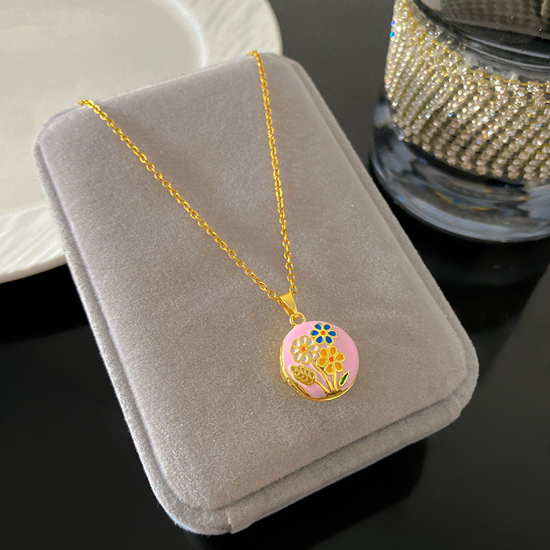 Vintage Drip Oil Floral Heart Oval Pendant Gold Plated Brass Necklace for Women