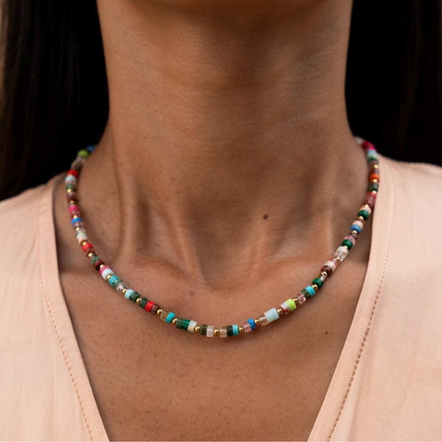 Minimalist Geometric Round Colorful Natural Gemstone Beaded Necklace Gold Plated Alloy Cable Chain for Women