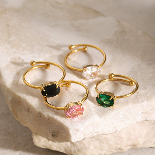 Ins Style Cute 18K Gold Plated Stainless Steel Ring with Pink Zircon Geometric Adjustable Design for Women