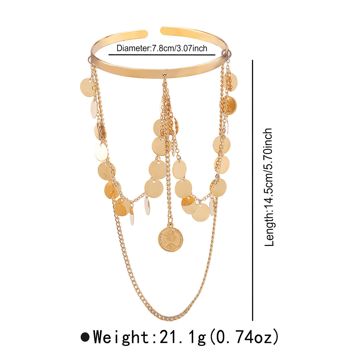 Bracciale a fascia in metallo stile vintage con catena e frange decorative da donna