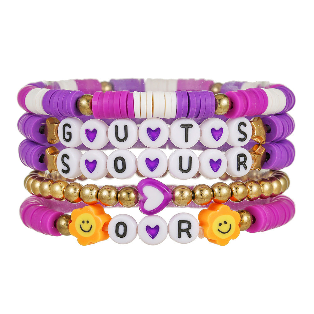 Casual Handmade Polymer Clay and Brass Beaded Bracelet with Letter and Smiley Charms