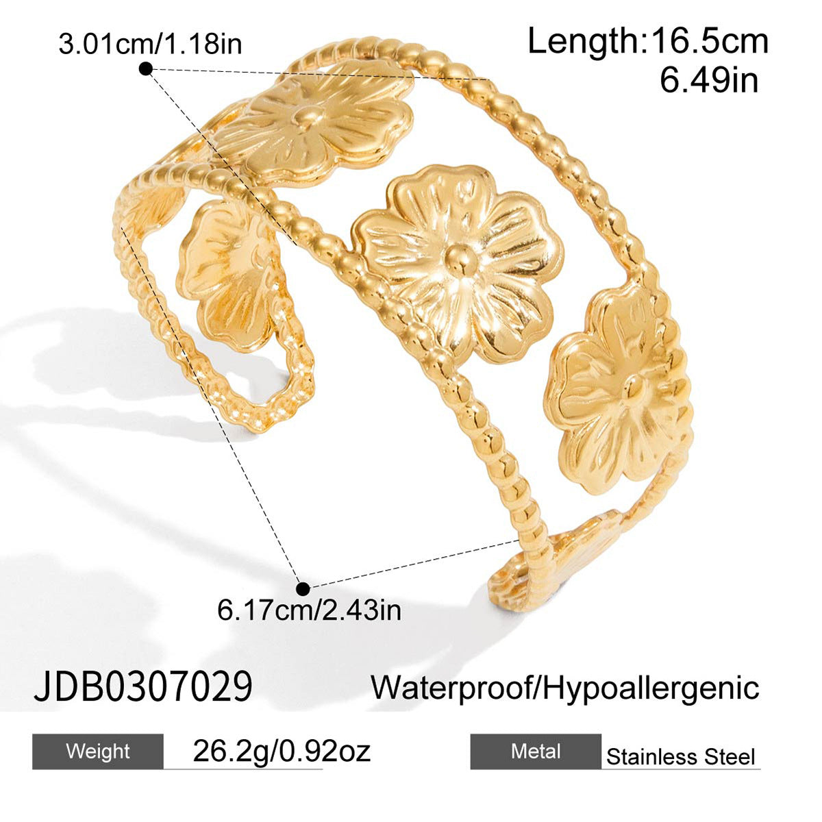 Bracciale rigido aperto da donna in acciaio inossidabile placcato oro 18K con motivo a colomba della pace