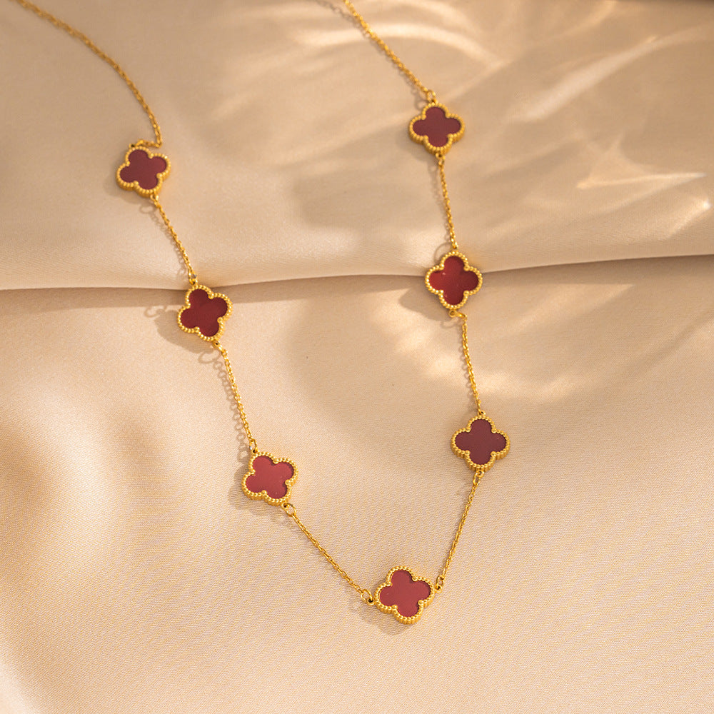 Luxury 18K Gold Plated Titanium Steel Four-Leaf Clover Double-Sided Shell Necklace for Women